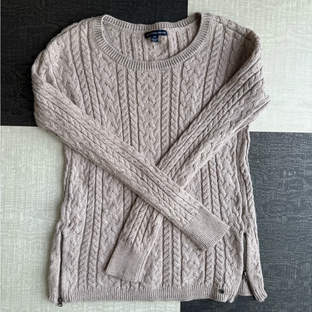 American Eagle S Oatmeal Cable Knit Crewneck Sweater 2015